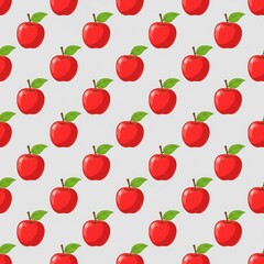 Seamless Pattern of Red Apples with Green Leaves on a Light Gray Background