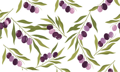 Seamless Olive Pattern Background - Scattered Olive Branches with Purple and Pink Ripe Fruits - Mediterranean Food, Oil, and Cooking Vector Design