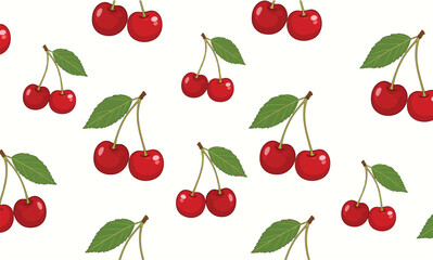 Seamless Red Cherry Pattern. Repeating Summer Fruit Background with Green Leaves, Sweet Organic Dessert Food Wallpaper Illustration.