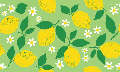 Lemon Blossom Pattern, Citrus Fruit, Green Leaves, Daisy Flowers, Spring Summer Background, Fresh Organic Food, Zesty Healthy Ingredient