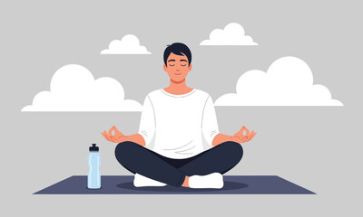 Young Man Meditating in Lotus Position on Yoga Mat with Water Bottle and Clouds - Mindfulness, Mental Health, Stress Relief, and Balance Vector Illustration