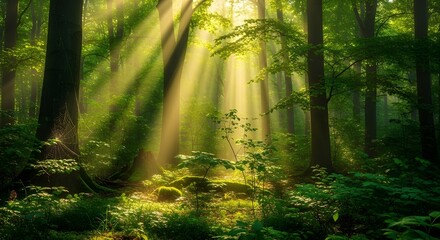 Obraz premium “Sunlight Streaming Through Lush Green Forest – Tranquil Nature Scene with Tall Trees and Mossy Undergrowth”