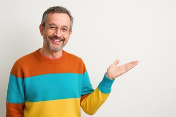 A friendly, experienced man with a beard and warm smile presents an empty space for your product or service with his open palm. This image projects trust, expertise, and invites customers.