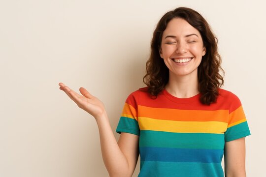 A friendly, vibrant woman in a bright yellow shirt and rainbow-striped top smiles broadly while presenting an empty space with her open palm. This image is ideal for advertising a new product.
