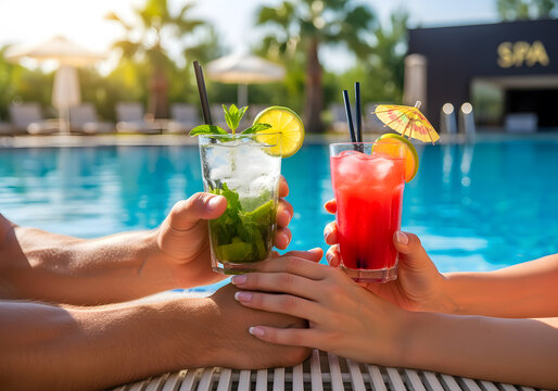 Young hot couple resting at swimpool Picture of mans and womans hands holding cocktails Cool drink with ice inside glass Enjoy summer vacation at swimming pool Resort spa place