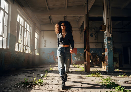 Young woman with curly hair wearing a black cropped jacket and baggy jeans walks confidently through an abandoned industrial space, showcasing urban fashion and resilience.png