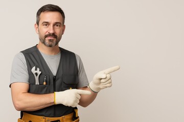 Friendly handyman in gloves and a tool belt pointing to the side. A worker presenting your message on a background with empty copy space.