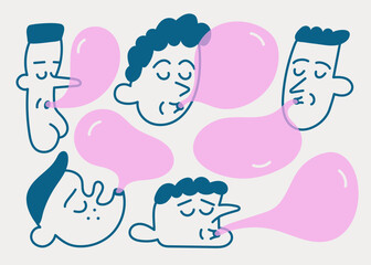 Cute faces vector set. Funny human faces with different emotions hand drawn illustration.