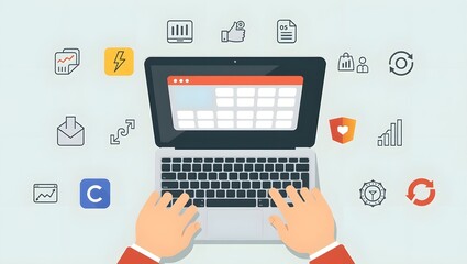 Naklejka premium Flat vector design of hands typing on laptop surrounded by work safety icons and operational efficiency graphics.
