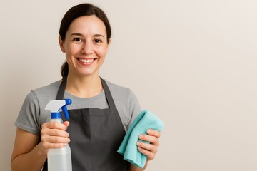 A cheerful female cleaner in an apron holds a spray bottle and cloth. Professional housekeeping service concept with copy space.