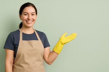 A smiling woman in an apron and glove gestures to copy space. Ideal for cleaning service advertisements and welcoming messages.