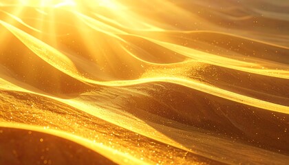 Abstract golden landscape bathed in sunlight, creating a shimmering effect. Wavy forms and light rays emphasize texture, conveying warmth