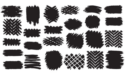 Set of bold black ink brush strokes and textured paint shapes in vector style. Perfect for graphic design, backgrounds, typography highlights, abstract art .