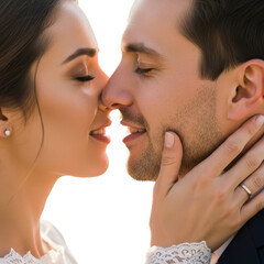 Bride and groom share a tender moment on their wedding day.