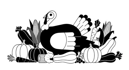 Thanksgiving feast illustration featuring a turkey surrounded by autumn harvest vegetables