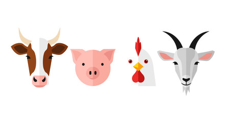 Farm animal portraits: cow, pig, rooster, and goat, perfect for children's books or branding