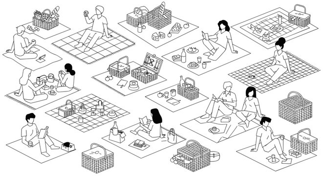 People enjoying picnics on checkered blankets, perfect for summer leisure and relaxation