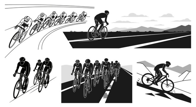 Dynamic cyclists racing on open roads and mountain paths, promoting speed and competition
