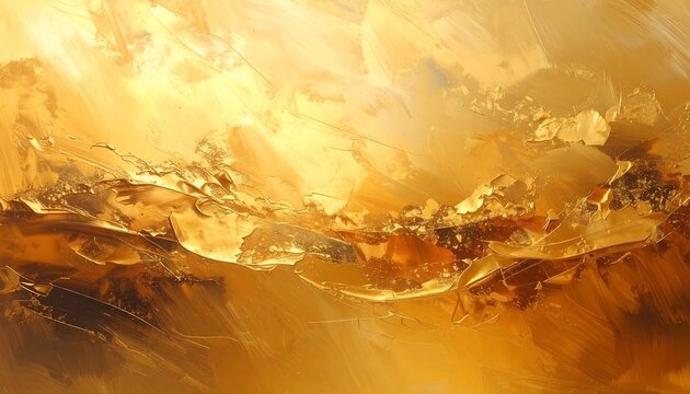 Abstract golden artwork with textured surfaces and layers, a vibrant depiction evoking warmth and brilliance. The strokes give the piece depth