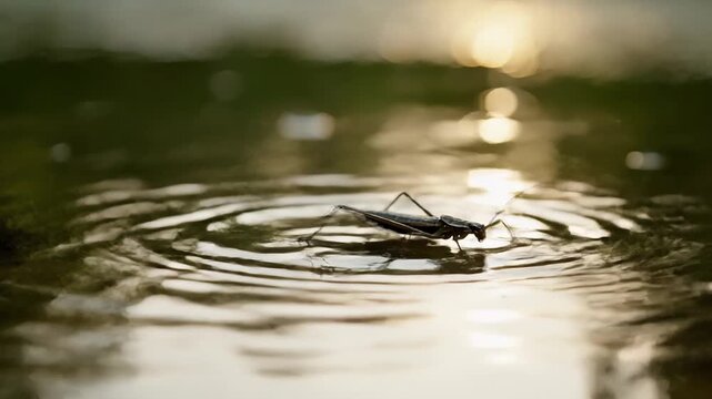 A water strider on water with sunlight reflections. Shallow depth of field creates a blur