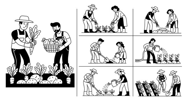 Farmers cultivate organic vegetables, harvesting carrots, gardening, and watering crops.