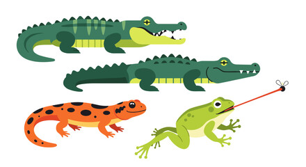Obraz premium Adorable cartoon reptiles and amphibians in playful poses, perfect for educational content