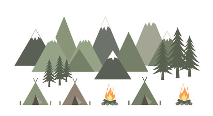Fototapeta premium Vibrant mountain camping scene with tents and campfires, evoking adventure and nature exploration.