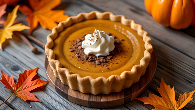 
A cozy autumn dessert scene featuring a delicious pumpkin pie with cinnamon and whipped cream on a rustic wooden table. Surrounded by orange leaves and soft warm lighting, this image captures the swe