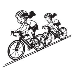 Obraz premium Two happy cartoon girls wearing helmets riding bicycles on a road enjoying a sunny day outdoors together