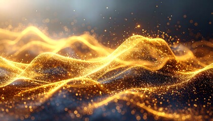 Abstract golden light waves undulating across a dark blue background, with shimmering particles floating throughout, creating a dynamic and ethereal glow