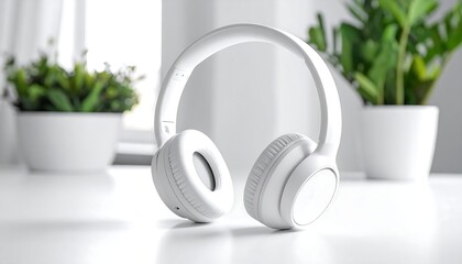 White headphones on a table with plants