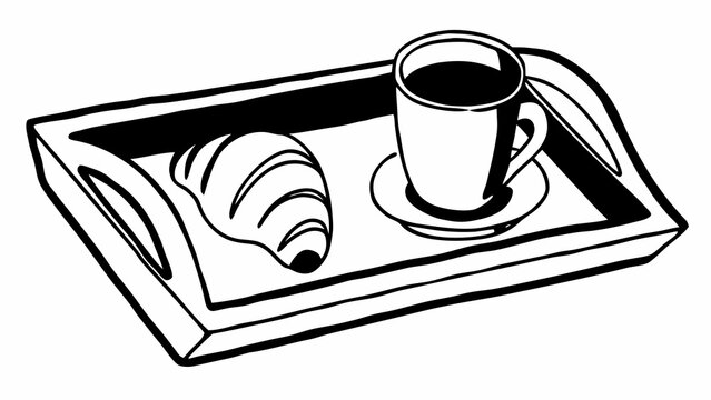 black and white breakfast tray with coffee and croissant clip art preview