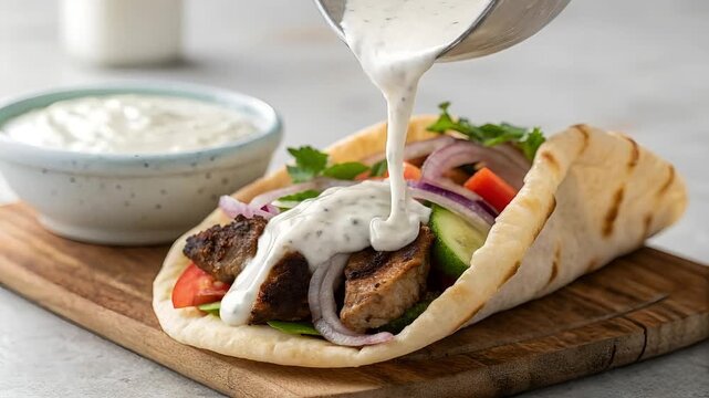 Tzatziki sauce poured onto gyro platter, focus on sauce dripping onto pita_X-Design