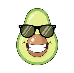 Smiling avocado with sunglasses, playful cute flat vector illustration, minimal pastel design