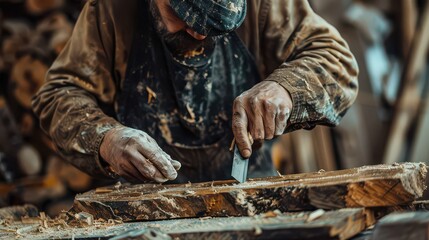 Skilled craftsman meticulously carves intricate details into raw wood, bringing artistry to life with focused precision and weathered hands