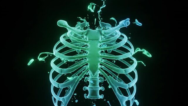 Abstract animation of glowing bone fragments dissolving and reforming into eerie, intricate skeletal patterns against a dark, seamless background medical, science, morphing