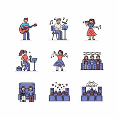 Line art icons depicting music performance, concert attendees, singing, playing instruments, and live entertainment activities.