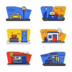 Flat line vector icons set of urban services and infrastructure including taxi, shipping, toll booth, house, kiosk, and gas station.