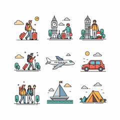 Flat line icons set illustrating travel, tourism, and transportation, including airplane, car, hiking, camping, and famous global landmarks.