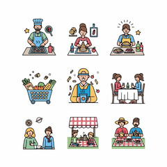 Set of colorful flat line icons illustrating various food activities, including cooking, dining, shopping, and picnics.
