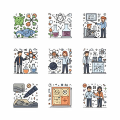 Diverse Science and Education Icons Set. Chemistry, Physics, Biology, and Research Concepts in a Colorful Flat Line Illustration Style.