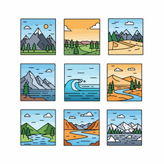 Monoline Nature Landscape Icon Set: Collection of 9 minimalist illustrations featuring mountains, forests, rivers, oceans, and deserts in a modern outline style.