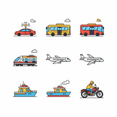 Various modes of public and personal transportation icons set, including smart car, buses, trains, airplanes, ships, and motorcycles, in simple colorful line art.