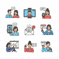 Modern communication and business vector icons set featuring video calls, email, mobile chat, presentations, and interpersonal interactions.
