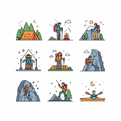 Set of nine colorful line art icons depicting outdoor adventure activities such as camping, hiking, rock climbing, and kayaking.