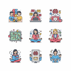 Flat vector illustrations depicting mental skills, strategy, collaboration, reading, and mindfulness, representing cognitive processes and learning.