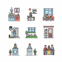Domestic life and household chores vector icons set: family, cooking, cleaning, laundry, and gardening routines illustration pack.