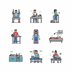 Comprehensive Physical Therapy and Rehabilitation Icon Set: Massage, Exercise, Recovery, and Medical Treatment Methods.