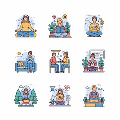 Flat Illustration Set of People Practicing Self-Care, Relaxation, and Leisure Activities like Reading, Meditation, Hobbies, and Dating.