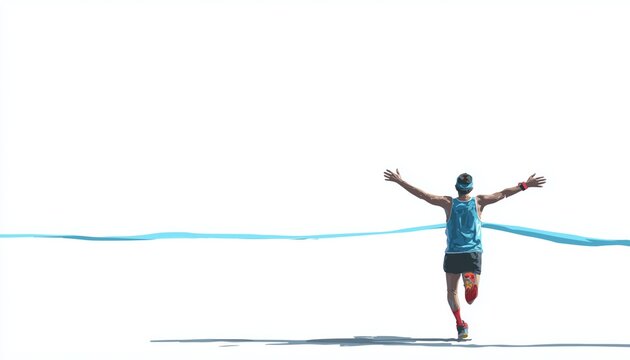 Portrait Of A Joyful Young Man Completing A Marathon With Arms Raised In Triumph At The Finish Line On White Background.